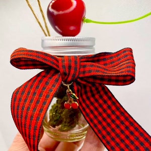 Puede incluir: Un pequeño frasco de vidrio con una cinta a cuadros rojos y negros atada alrededor. El frasco contiene material vegetal verde seco y un pequeño amuleto dorado de una cereza. El frasco tiene una tapa plateada.