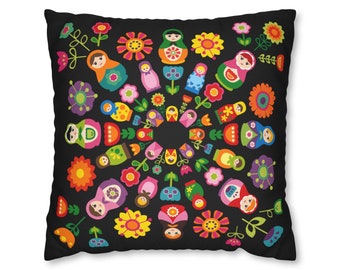 Black Pillow Case featuring Russian Nesting Dolls Babushkas Matryoshka Mandala for Square Pillow Insert