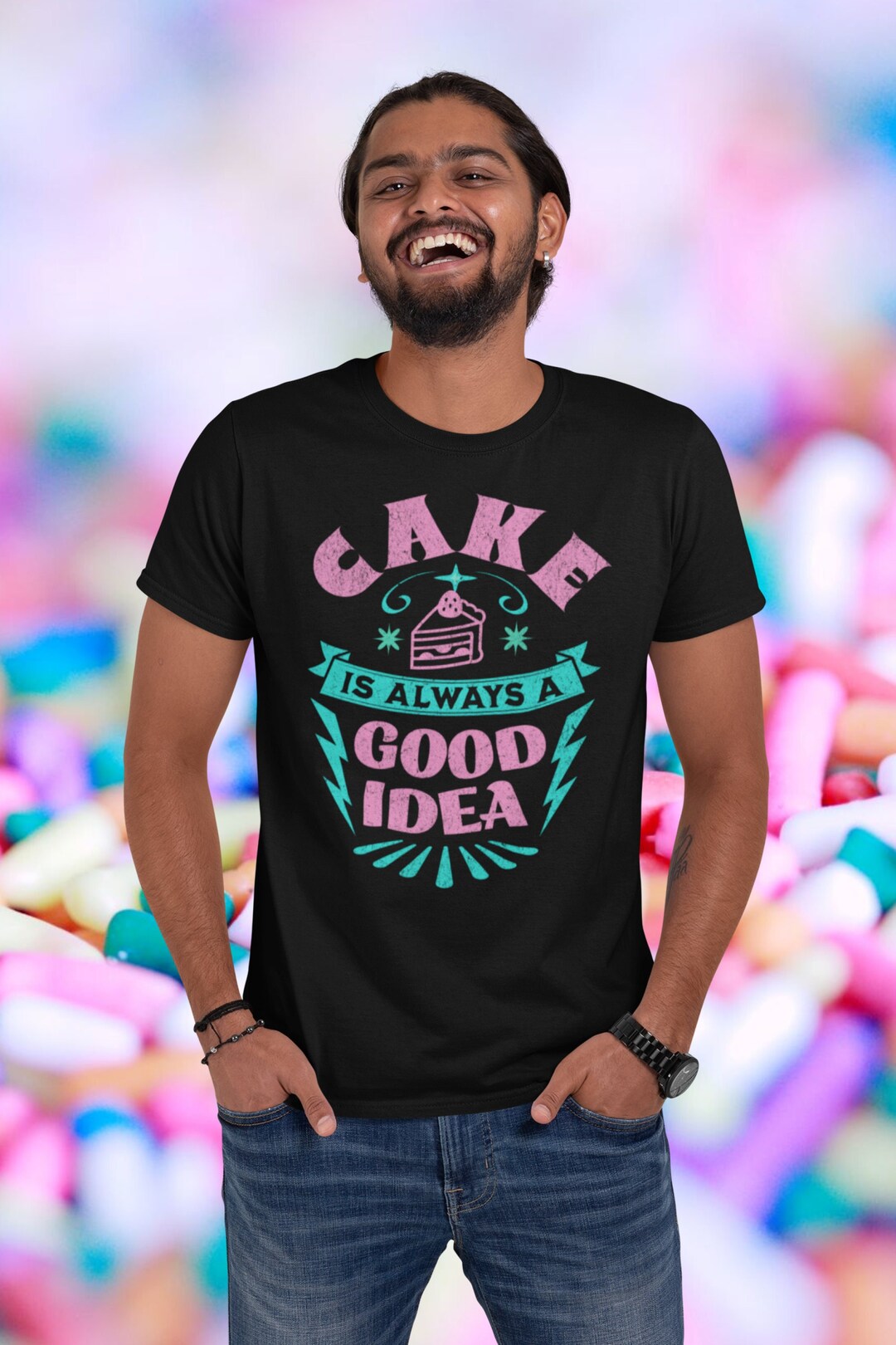Baker Tshirt Bakery Tee Pink and Turquoise on Black Tshirt Gift for