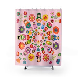 Pink Shower Curtain featuring Russian Nesting Dolls Babushka Babes Matryoshka Mandala