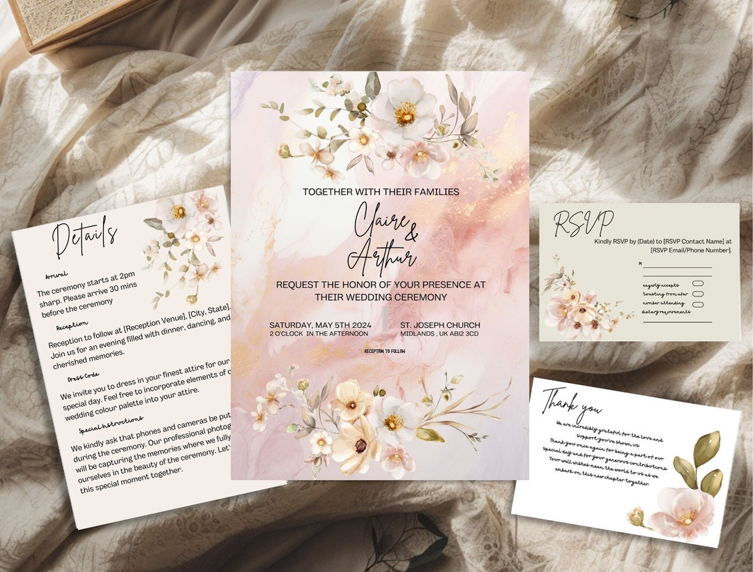 4 in 1 AVERY Editable Beige Wildflower Rustic Chic Wedding Invitation ...