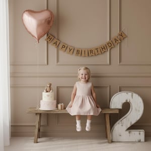 Puede incluir: Una niña con un vestido rosa sonríe sentada en un banco de madera. Un globo en forma de corazón flota arriba, y una pancarta dice "HAPPY BIRTHAY". Una tarta de dos pisos con un oso de peluche y el número "2" completan la escena de cumpleaños.