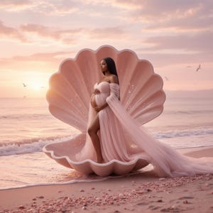 Op de afbeelding: Een zwangere persoon staat in een grote roze schelp op het strand. Ze draagt een roze jurk met een hoge split en off-the-shoulder design. De achtergrond toont een zonsondergang boven de zee.