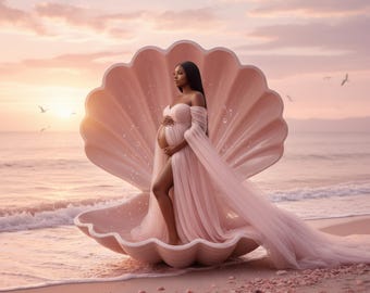 Seashell Digital Backdrops for Maternity Photoshoot - Ocean Sunset Photography Background