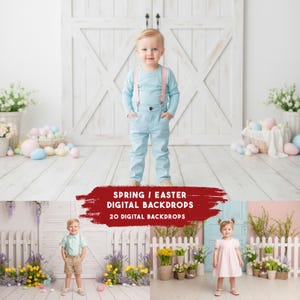 May include: A young child in light blue pants and a long-sleeved shirt with pink suspenders stands in front of a white wooden door. The image includes a banner that reads "SPRING / EASTER DIGITAL BACKDROPS 20 DIGITAL BACKDROPS". Easter eggs and flowers are in the background.