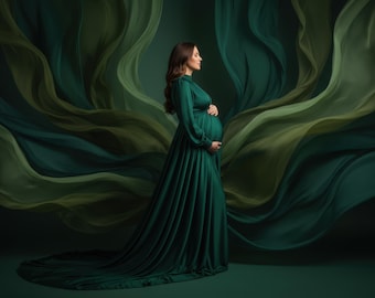 Emerald Gold Flowing Fabric Maternity Digital Backdrop – Elegant Photography Background (Digital Download)