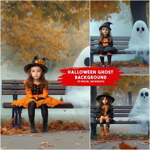 Könnte beinhalten: Ein digitaler Hintergrund mit einer gruseligen Halloween-Szene mit einem weißen Geist und einer Bank in einem nebligen Wald. Der Hintergrund ist ideal für Fotografen und digitale Künstler, die einzigartige und festliche Halloween-Bilder erstellen möchten.