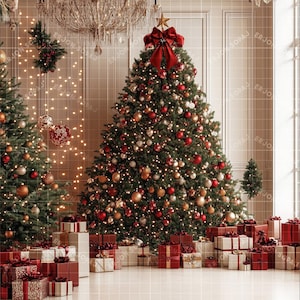 May include: A large, decorated Christmas tree with red and gold ornaments, surrounded by wrapped presents in a room with white walls and a chandelier.