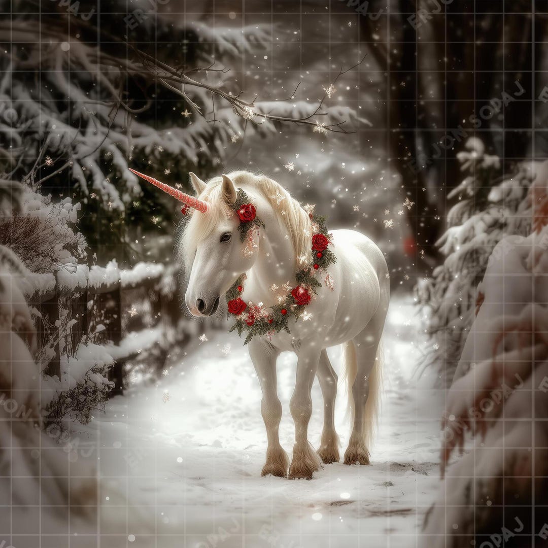 White Unicorn in Winter Wonderland Digital Backdrop, Christmas Garland ...