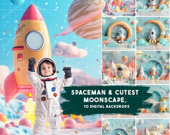 May include: A set of 10 digital backdrops featuring a whimsical space theme. The backdrops include a rocket ship, planets, stars, and astronauts. The backdrops are perfect for creating fun and imaginative photos.
