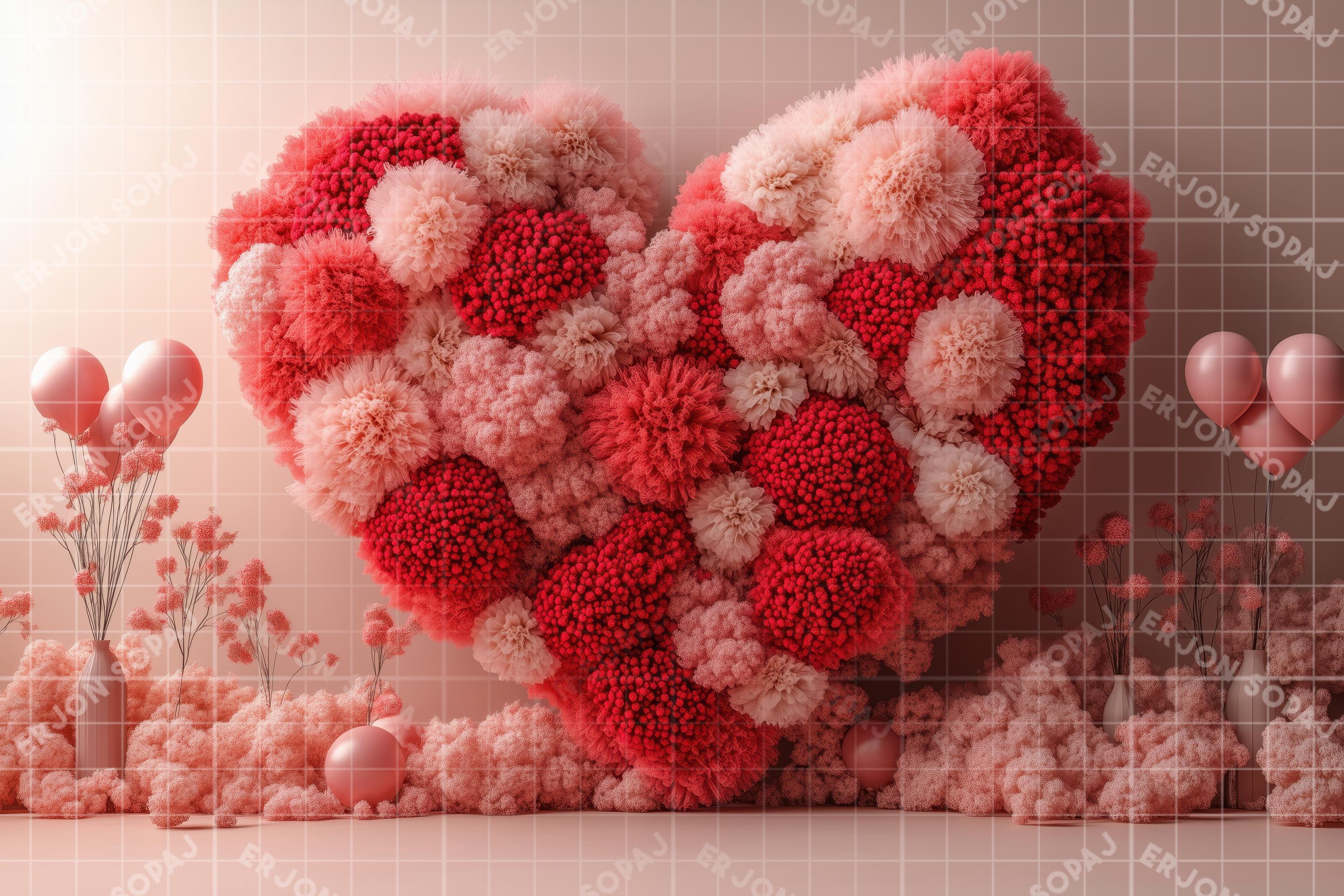 Valentine's Day Digital Backdrop, Pink Heart Floral Wall (digital ...