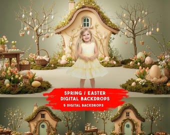 Easter Garden Cottage Digital Backdrop - Spring Photography Background for Studio & Newborn Sessions