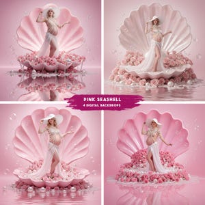 Könnte beinhalten: Vier digitale Hintergründe mit einer schwangeren Person in einem weißen Kleid und Hut, die sich in einer rosa Muschel aufhält. Die Muschel ist mit rosa Rosen und Perlen gefüllt. Der Text "PINK SEASHELL 4 DIGITAL BACKDROPS" ist sichtbar.