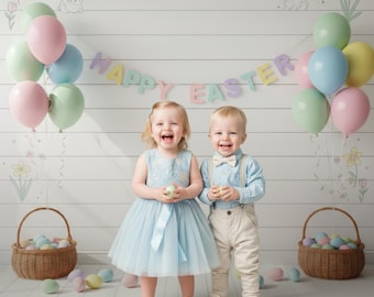 Pastel Easter Digital Backdrop, Bunny & Balloons Photography Background, Easter Basket Composite