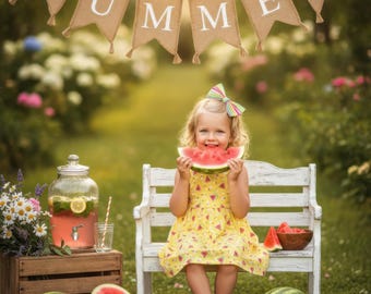 Summer Watermelon Digital Backdrop | White Bench Outdoor Garden | Kids Portrait Backdrop | Watermelon Lemonade | Summer Banner