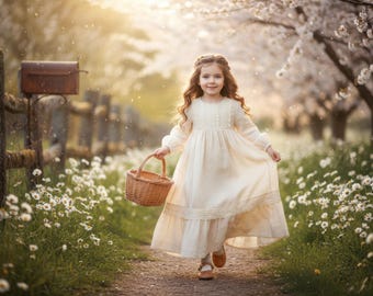 Spring Digital Background, Spring Meadow, Digital Backdrop for Easter, Cherry Blossom Path with Woven Basket & Golden Light