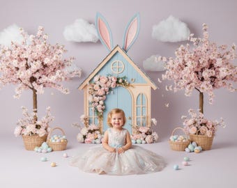 Easter Bunny House & Cherry Blossom Digital Backdrop for Photography, Spring Easter Digital Background