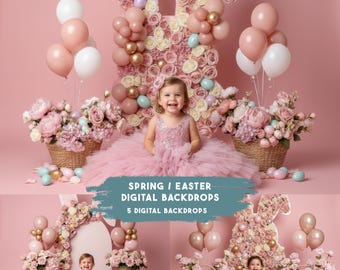 Easter Bunny Floral Wonderland Digital Backdrop - Pink Spring Photography Prop for Newborns, Babies & Children