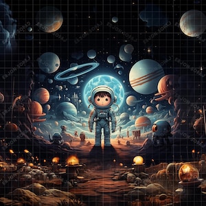 Outer Space Adventure digitale achtergrond, thema planeten en melkwegstelsel, astronaut Kid, futuristische digitale achtergrond, verkenning van de ruimte, Sci-Fi