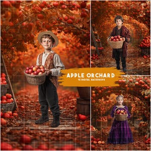 Op de afbeelding: Een digitale achtergrond met een herfstappelenboomgaard scène met rode appels, bruine bladeren en een houten hek. De achtergrond is ideaal voor fotografen en digitale kunstenaars.
