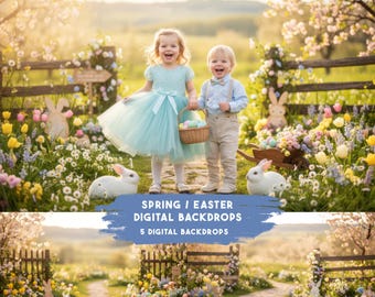 Easter Bunny Garden Path Digital Backdrop – Spring Floral Background, Blossoms & Golden Sunset – Whimsical Easter Background