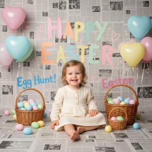 May include: A young child sits in front of a newspaper-themed backdrop with pastel-colored balloons and baskets of Easter eggs. The words "Happy Easter" and "Egg Hunt!" are visible. The child wears a cream-colored dress.