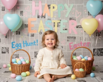 Easter Newspaper Digital Backdrop, Pastel Balloons & Egg Hunt Baskets - Spring Background for Kids