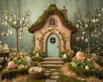 Enchanted Easter Fairy Cottage Digital Backdrop - Whimsical Spring Photography Background for Kids & Portraits