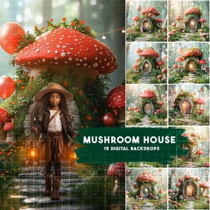May include: A set of 15 digital backdrops featuring whimsical mushroom houses with green foliage and a stone path. The backdrops are perfect for creating magical and enchanting scenes.
