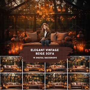 Op de afbeelding: Een beige vintage bank met een bruine deken, omringd door lantaarns en lichtslingers in een kassetting. De bank staat voor een achtergrond van groen en een glazen plafond.