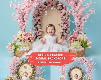 Spring Blossom & Easter Bunny Digital Backdrop for Photography, Pastel Spring Photography Scene (Instant Download)