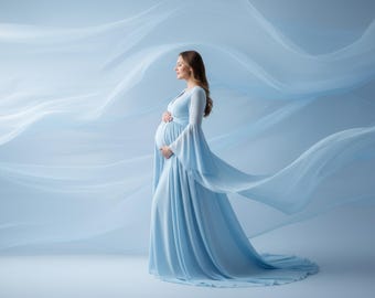 Ethereal Blue Fabric Maternity Backdrop, Flowing Drapes Photography (Digital Download)
