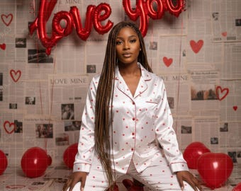 Valentine's Day Digital Background, Newspaper Wall Background, Red Heart Balloon Digital Backdrop