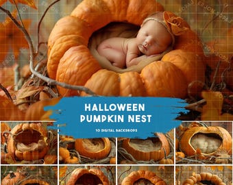 May include: A newborn baby sleeping in a large orange pumpkin, surrounded by smaller pumpkins and fall foliage. The text "HALLOWEEN PUMPKIN NEST 10 DIGITAL BACKDROPS" is displayed on a blue background.