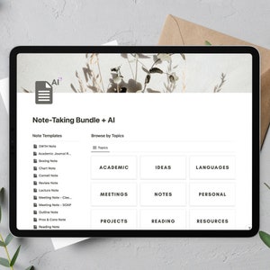 May include: A screenshot of a computer screen displaying a website for note-taking templates. The website has a white background with black text and buttons. The website is titled "Note-Taking Bundle + AI". The website features a list of note-taking templates and a section to browse by topics. The topics include Academic, Ideas, Languages, Meetings, Notes, Personal, Projects, Reading, and Resources.