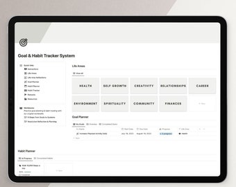 May include: A screenshot of a goal and habit tracker system on a tablet. The screen displays a list of life areas, including health, self-growth, creativity, relationships, career, environment, spirituality, community, and finances. There is a goal planner section with a goal titled "Increase Physical Activity Daily" with a start date of July 18, 2023, and a due date of August 18, 2023. The goal is marked as "in progress".