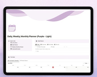 May include: A screenshot of a daily, weekly, and monthly planner app with a purple and light color scheme. The app has a calendar view with the current date highlighted in red. The app also has a list of quick links, including instructions, daily planner, weekly and monthly planner, and calendar/schedule.