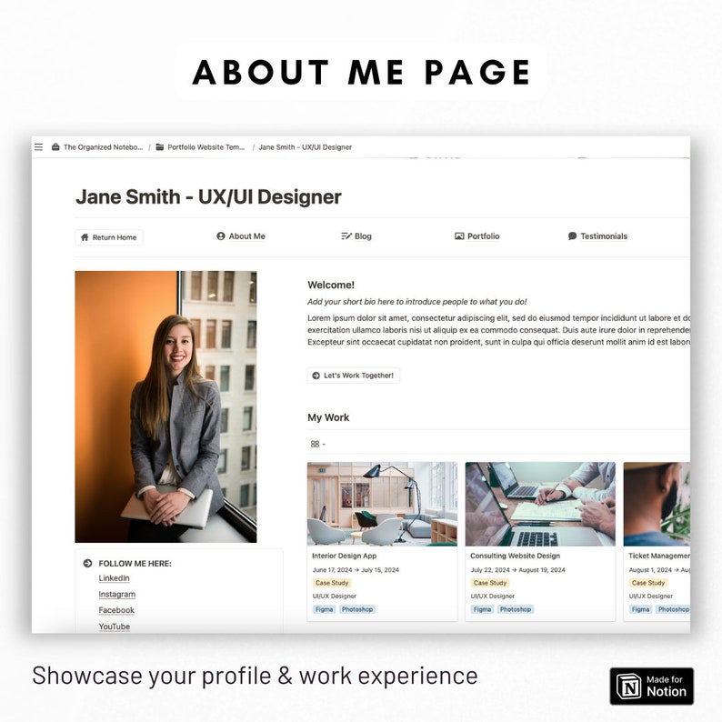 May include: A website screenshot showing a portfolio page for a UX/UI designer named Jane Smith. The page includes a photo of Jane, a welcome message, a section for her work experience, and social media links. The page is designed in a clean and modern style.
