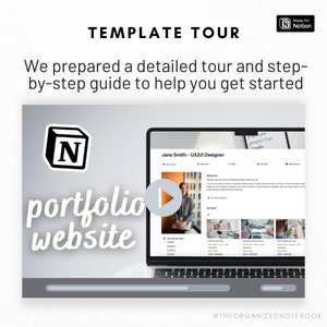 May include: A laptop screen displaying a website with the text "Jane Smith - UX/UI Designer" and a play button. The website is a portfolio website for a UX/UI designer. The website is built using the Notion platform. The text "portfolio website" is written in white on a gray background.