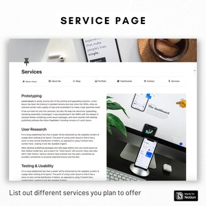 May include: A website page with the title "Service Page" and a list of services offered: Prototyping, User Research, and Testing & Usability. The page also includes a photo of a computer screen with a phone displaying a dashboard.