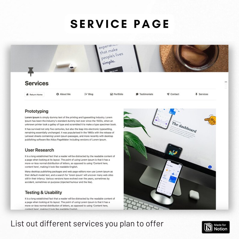 May include: A website page with the title "Service Page" and a list of services offered: Prototyping, User Research, and Testing & Usability. The page also includes a photo of a computer screen with a phone displaying a dashboard.