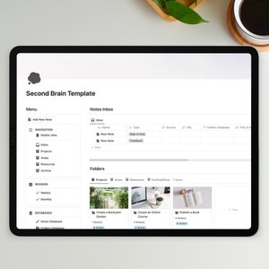 May include: Screenshot of a computer screen showing a web application for organizing notes and projects. The application is called "Second Brain Template" and has a menu on the left side with options for navigation, reviews, and databases. The main part of the screen shows a list of notes and folders, including "Create a Backyard Garden", "Create an Online Course", and "Publish a Book".