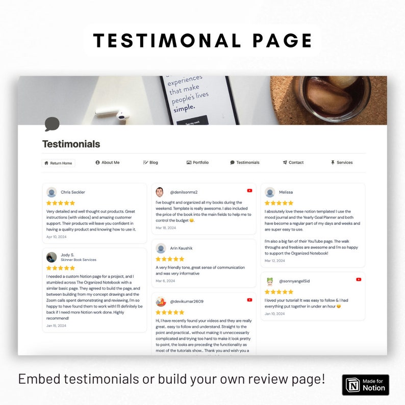 May include: A screenshot of a website with a testimonial page. The page features a light blue background with white text and images. The page includes testimonials from customers about their positive experiences with the website's products and services. The testimonials are displayed in a grid format with a star rating and a short description of the customer's experience. The page also includes a call to action to embed testimonials or build a custom review page.