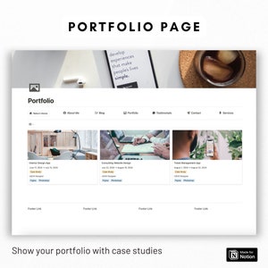 May include: A website mockup showing a portfolio page with three case studies. The page features a header with the text "Portfolio Page" and a tagline "develop experiences that make people's lives simple." The case studies are titled "Interior Design App", "Consulting Website Design", and "Ticket Management App". Each case study includes a thumbnail image, a brief description, and a list of tools used. The page also includes a footer with links to the home page, about me, blog, portfolio, testimonials, contact, and services.