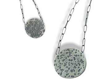 Handmade Hollow Form Pendant • Oxidized Silver Necklace • Reversible Textured Hammered