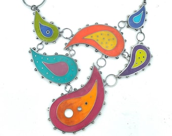 Fabulous Paisley Statement Necklace Resin and Silver Reversible Handmade Chain Oxidized Metalsmith Jewelry
