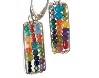 Mismatched Silver Beaded Earrings - Colorful Abacus Earrings  - Multicolored Semi Precious Beads