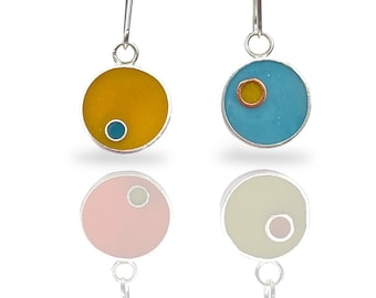 Resin and Silver Reversible Mismatched Earrings Silver • Asymmetrical Small Double Circles 2-in-1