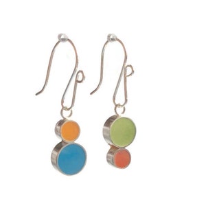 Stacked Dots Reversible Resin Silver Earrings Colorful Circles Orange/Green, Yellow/Turquoise Mismatched image 1