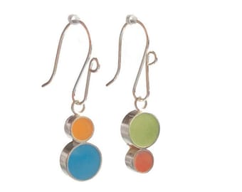Stacked Dots Reversible Resin Silver Earrings Colorful Circles Orange/Green, Yellow/Turquoise Mismatched
